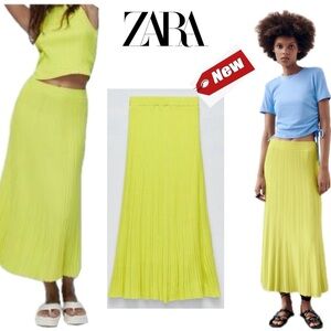 Zara Special Edition lime green ribbed knit A-line midi skirt Sz M NWT